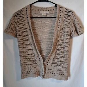 Michael Kors Womens Medium Beach Knit Cardigan Sweater Brown Short Sleeve Boho